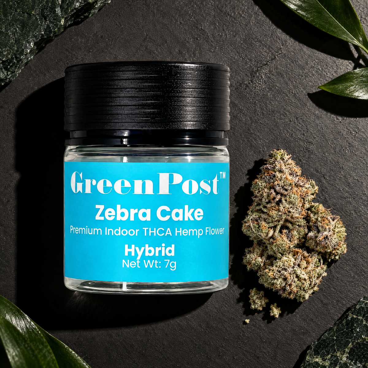 GreenPost Exotic Indoor THCA Flower jar with flower shown beside the jar for scale