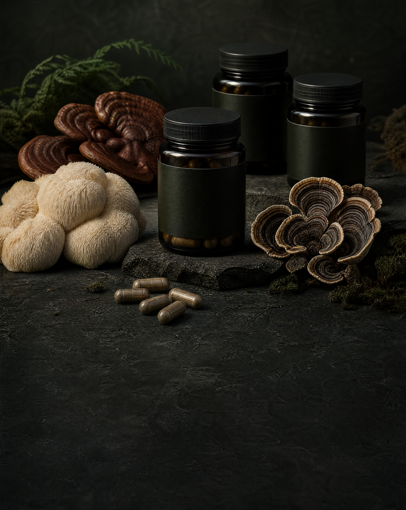 Premium functional mushroom supplement bottles displayed with lion's mane, reishi, turkey tail, and capsules on a dark stone surface in an editorial wellness setting.