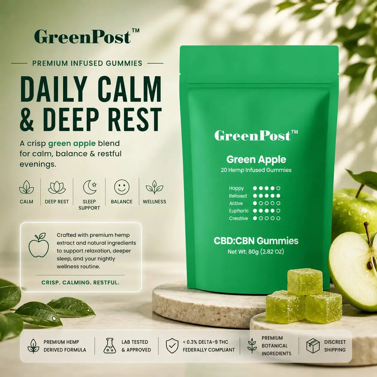 GreenPost Green Apple CBD CBN gummies pouch with green apple flavored hemp infused gummies, fresh sliced apples, botanical leaves, and premium product display promoting deep rest and daily calm