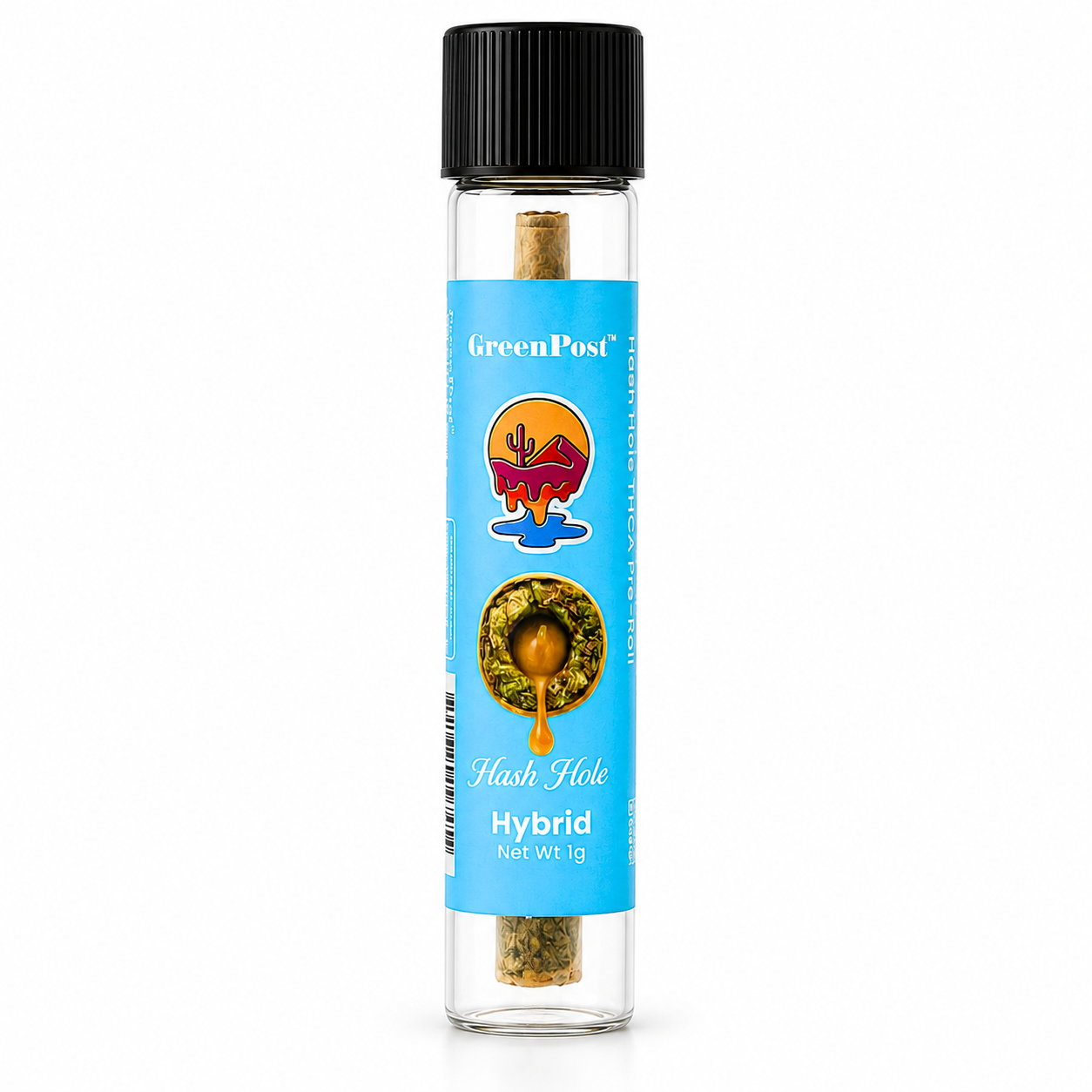 GreenPost Hash Hole Hybrid THCA infused pre-roll in premium glass tube packaging featuring indoor hemp flower and concentrate core.