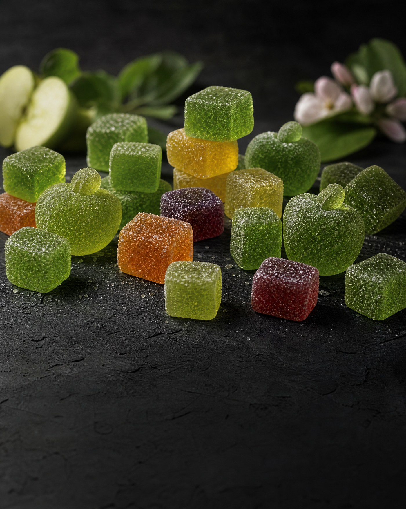 Premium hemp-derived gummies displayed on a dark stone surface with fresh fruit and botanical elements softly blurred in the background.