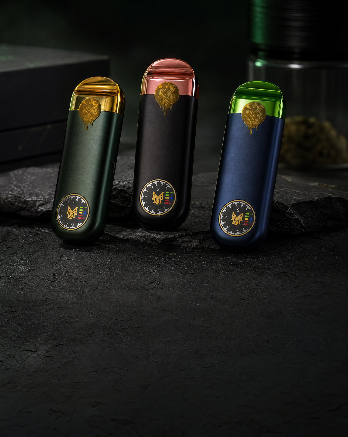 Three premium hemp disposable vapes displayed upright on a dark stone surface with a softly blurred background for a modern ecommerce presentation.