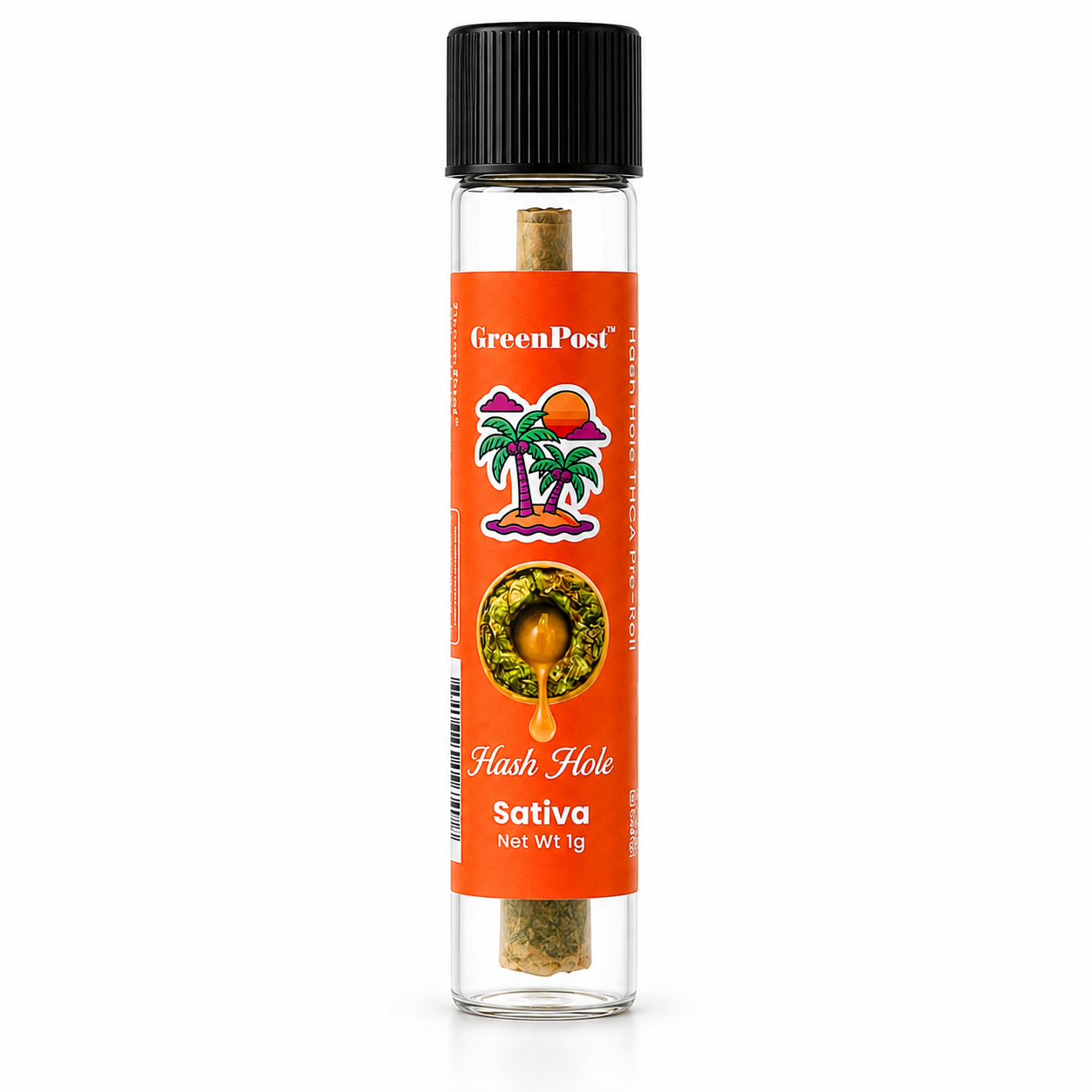 GreenPost Neon Lush Hash Hole THCA infused king size pre-roll sativa with premium hemp flower, tropical citrus lime flavor profile, and luxury orange tube packaging on white background