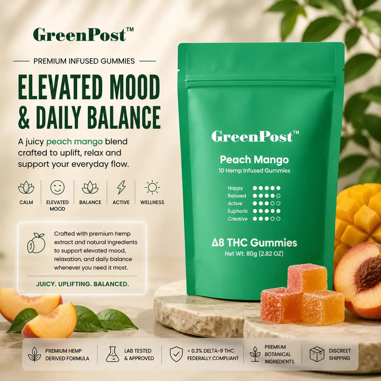 GreenPost Peach Mango Delta 8 THC gummies pouch with peach mango flavored hemp infused gummies, fresh peaches, sliced mango, and premium botanical product display promoting elevated mood and daily balance
