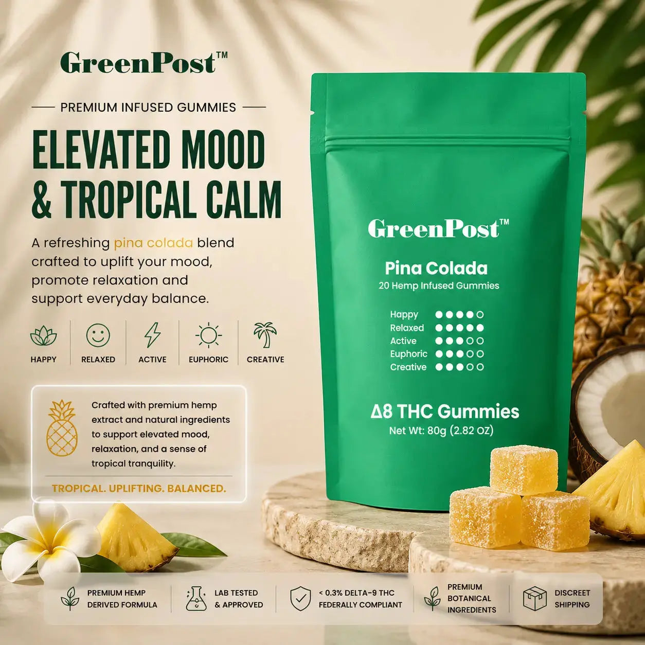 GreenPost Pina Colada Delta 8 THC gummies pouch with tropical hemp infused gummies, pineapple slices, coconut, botanical leaves, and premium marble product display
