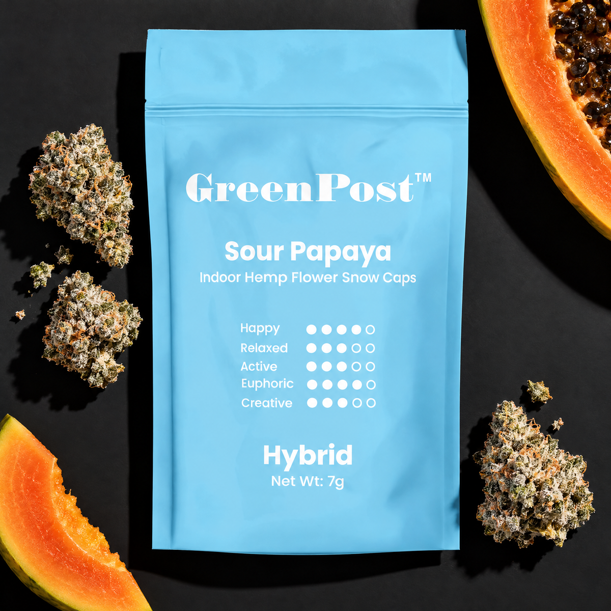 GreenPost Sour Papaya 7g Snow Caps THCA Flower jar with frosted flower shown for texture and scale