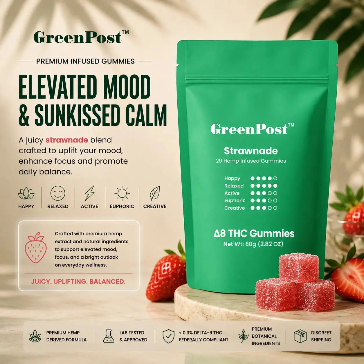 GreenPost Strawnade Delta 8 THC gummies pouch with strawberry flavored hemp infused gummies, fresh strawberries, botanical leaves, and premium marble product display