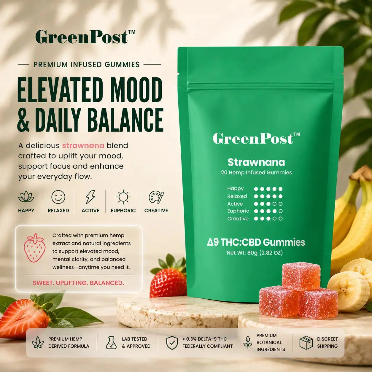 GreenPost Strawnana Delta 9 THC CBD gummies pouch with strawberry banana flavored hemp infused gummies, fresh strawberries, bananas, botanical leaves, and premium marble product display
