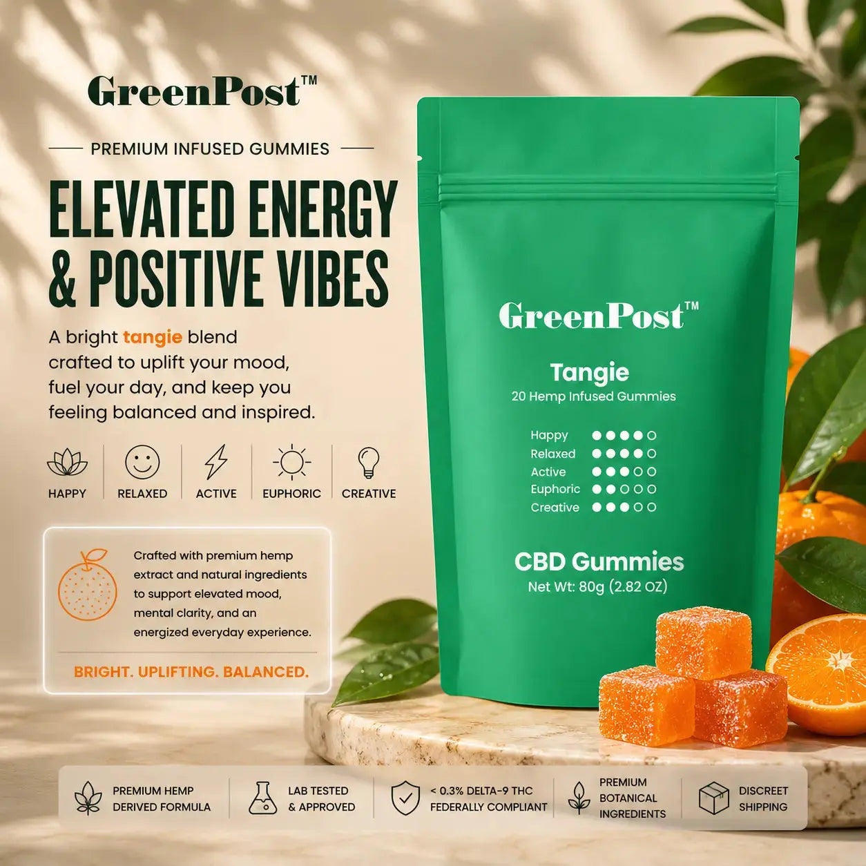 GreenPost Tangie CBD gummies pouch with citrus flavored hemp infused gummies, fresh tangerines, botanical leaves, and premium wellness product display on marble surface