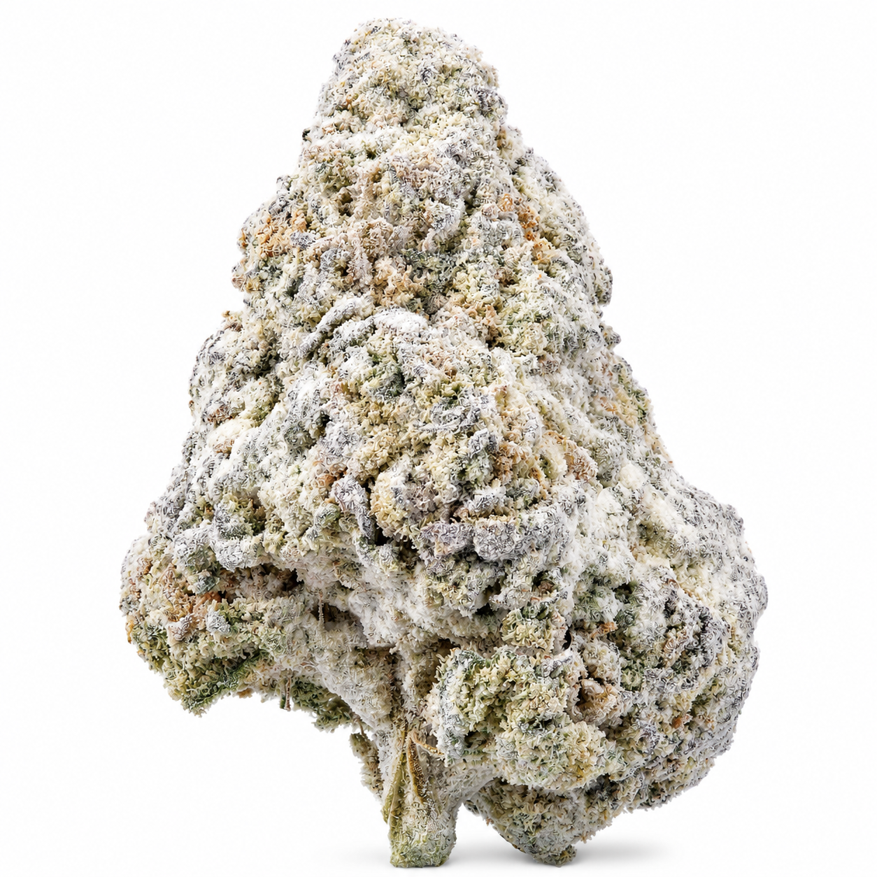 GreenPost THCA Snow Caps hemp flower close-up showing frosty crystal-coated bud on a clean white background