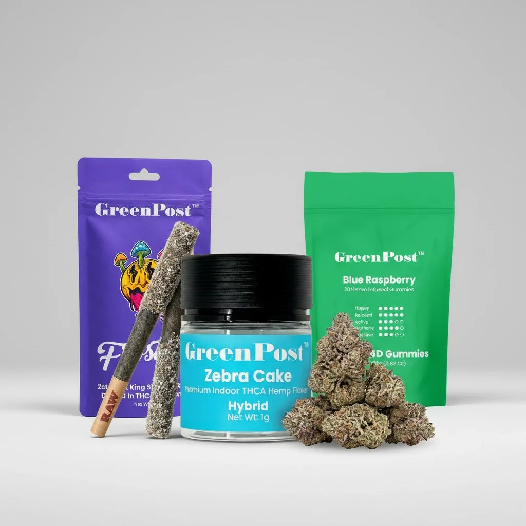 GreenPost THCA Starter Kit featuring premium indoor THCA flower, Frosted THCA diamond infused pre-rolls, THC gummies, and hemp flower buds with 35% bundle savings.
