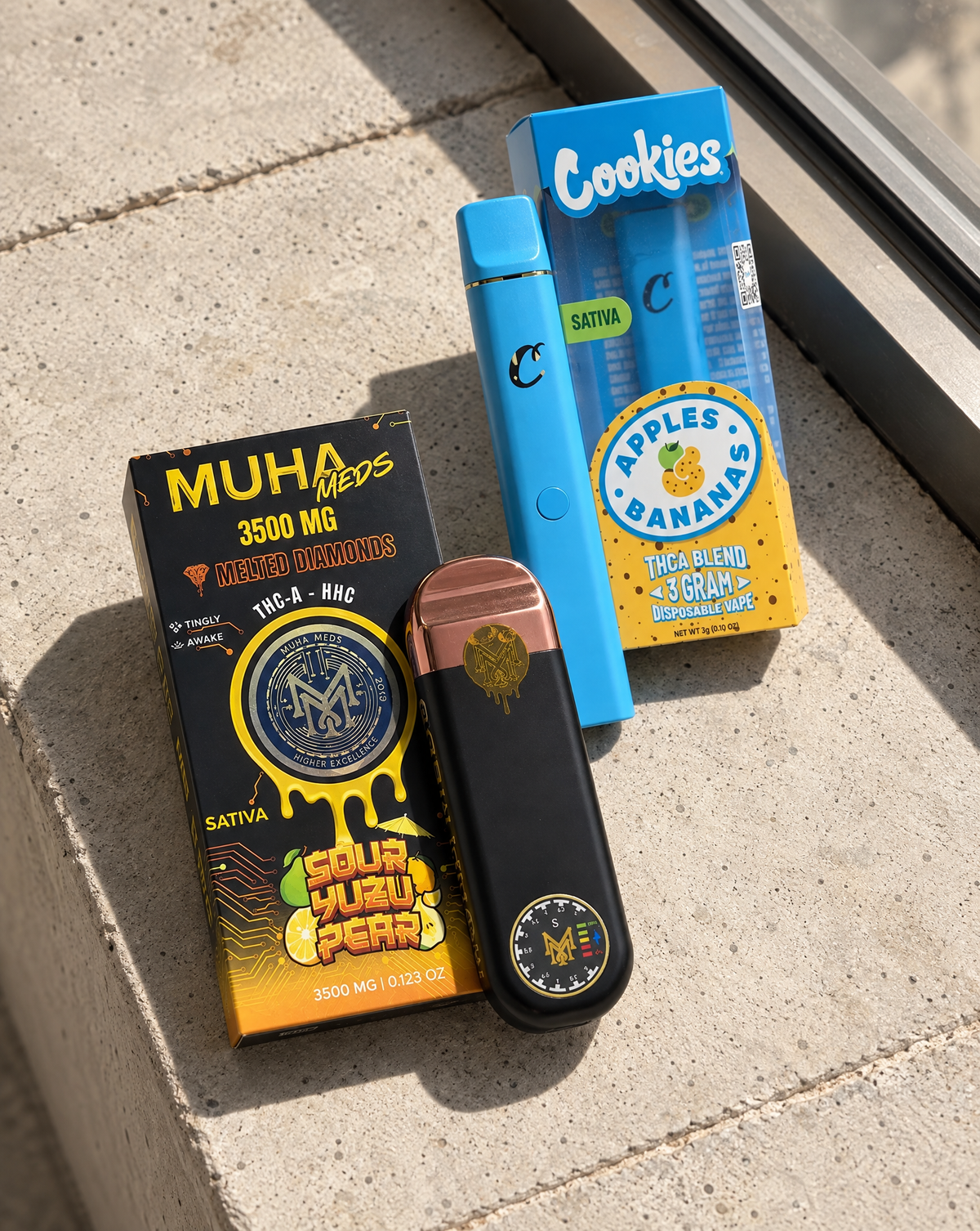 Vape products in natural window light