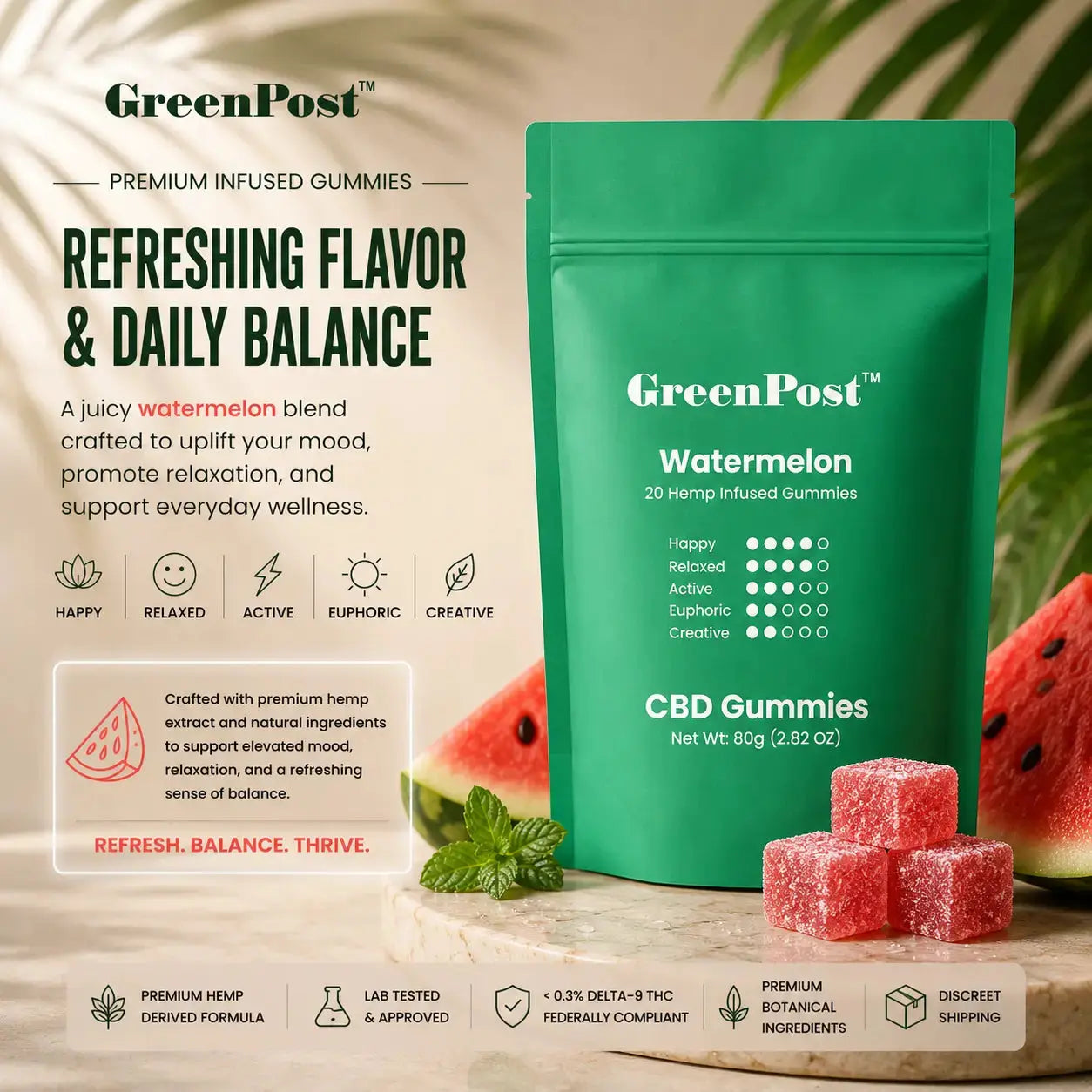 GreenPost Watermelon CBD gummies pouch with watermelon flavored hemp infused gummies, fresh watermelon slices, mint leaves, and premium botanical product display on marble surface