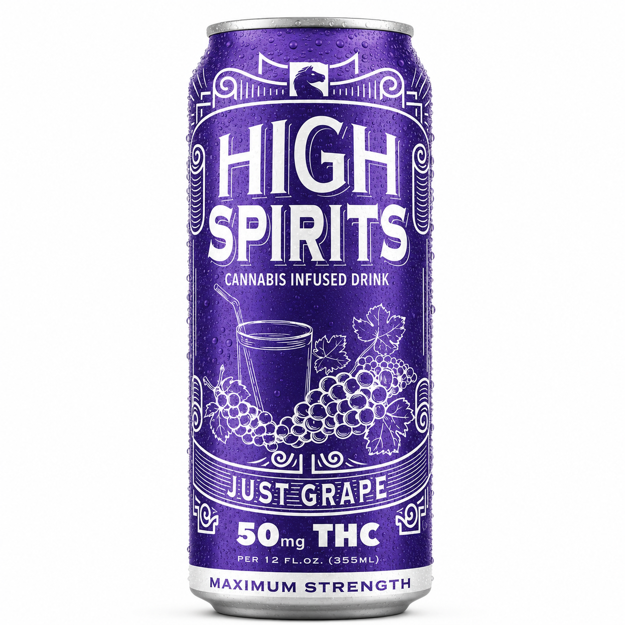 High Spirits Just Grape hemp-derived THC beverage in a 12 fl. oz. can containing 50mg THC on a white background.