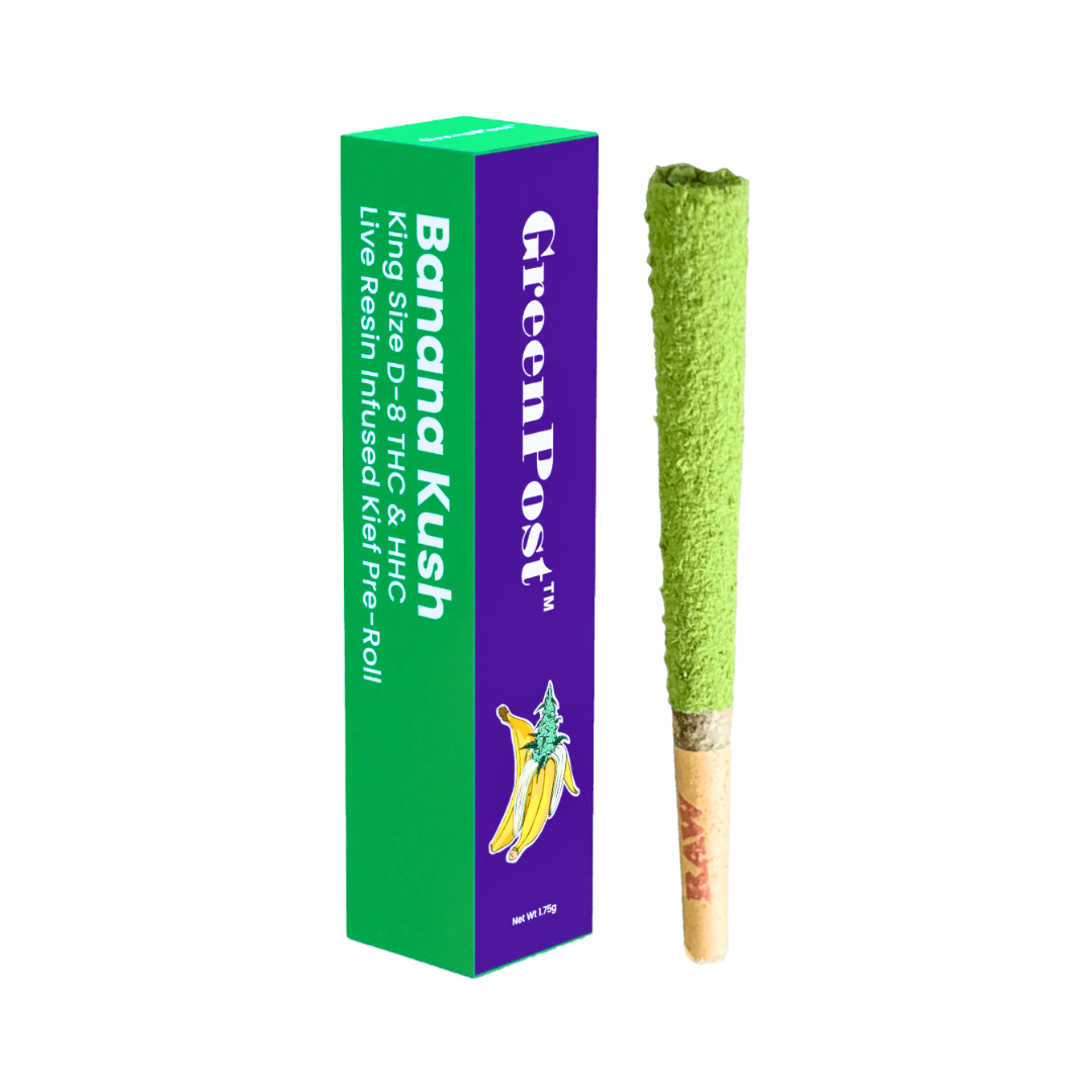 King Size Delta 8 THC & HHC Live Resin Infused Kief Pre-Roll - Banana Kush - GreenPost CBD - www.GreenPostCBD.com