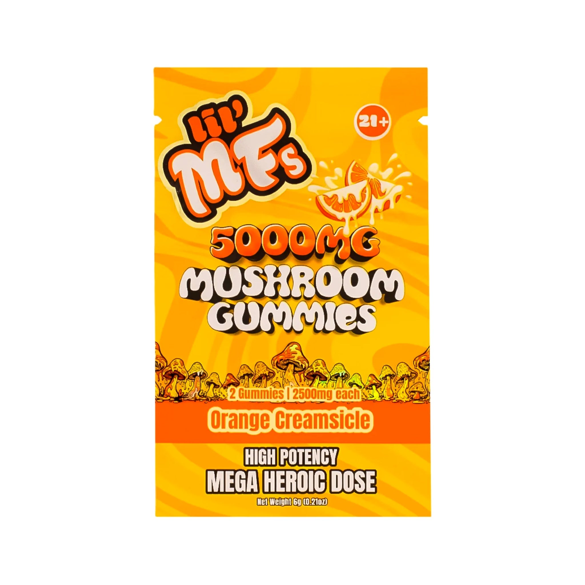 Lil MF's 5000mg Mushroom Gummies Orange Creamsicle 2-count pouch on a white background.