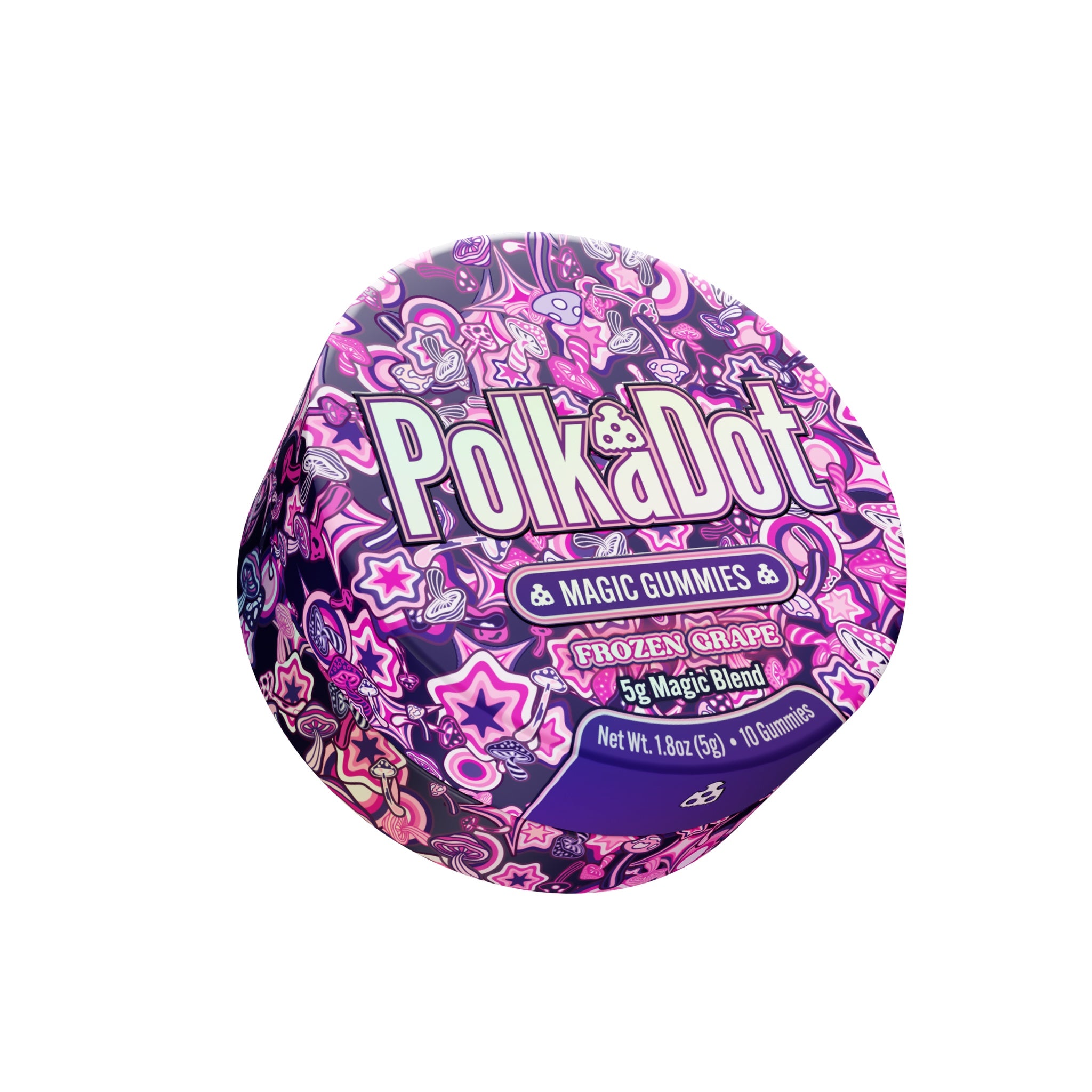 PolkaDot Frozen Grape mushroom gummies featuring vibrant purple grape-themed artwork and 5g magic blend packaging on a white background
