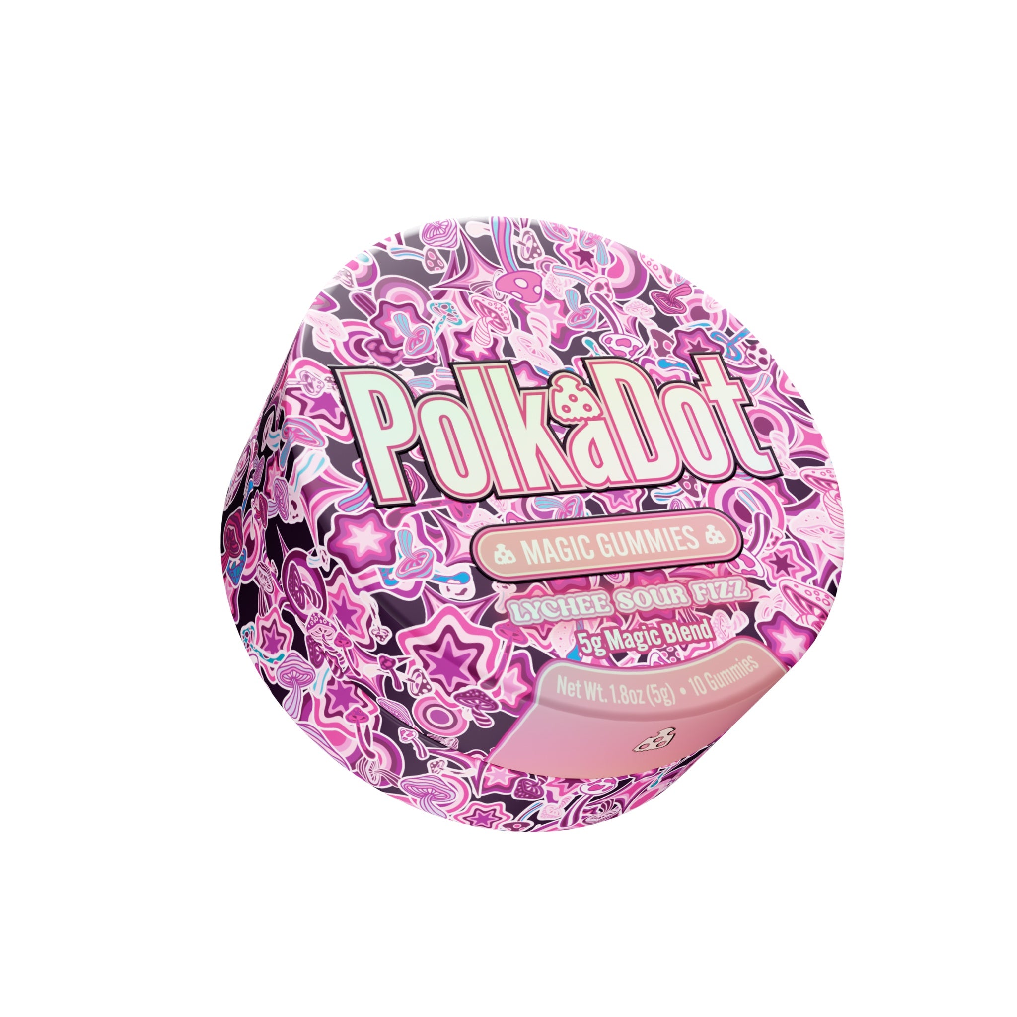 PolkaDot Lychee Sour Fizz mushroom gummies featuring vibrant pink and purple artwork with 5g magic blend packaging on a white background