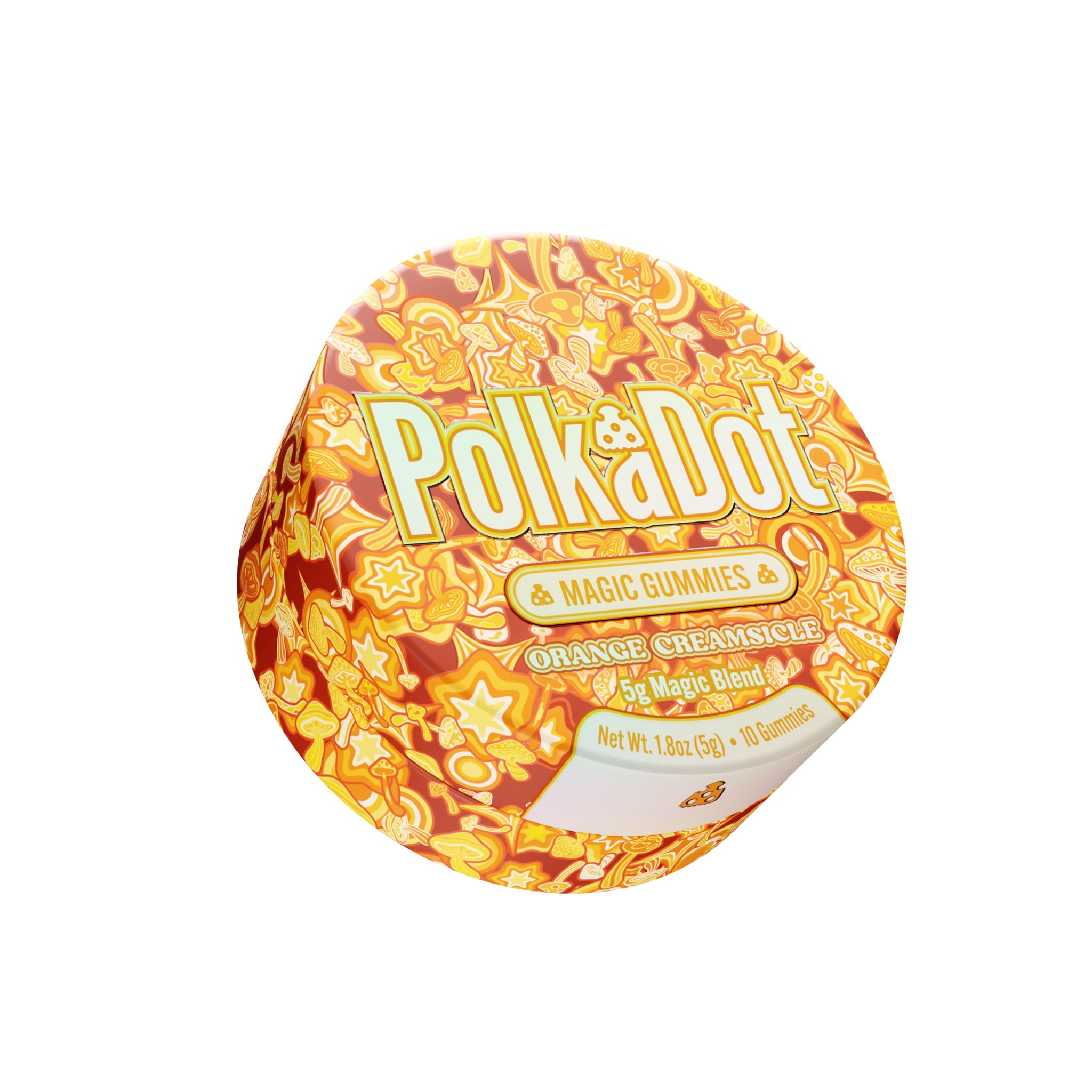 PolkaDot Orange Creamsicle mushroom gummies featuring vibrant orange and yellow artwork and 5g magic blend packaging on a white background.