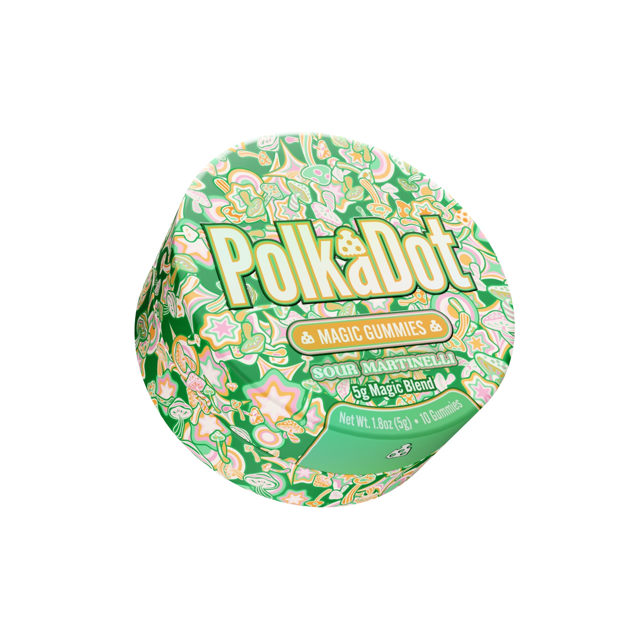 PolkaDot Sour Martinelli mushroom gummies featuring apple-inspired artwork and 5g magic blend packaging on a white background.
