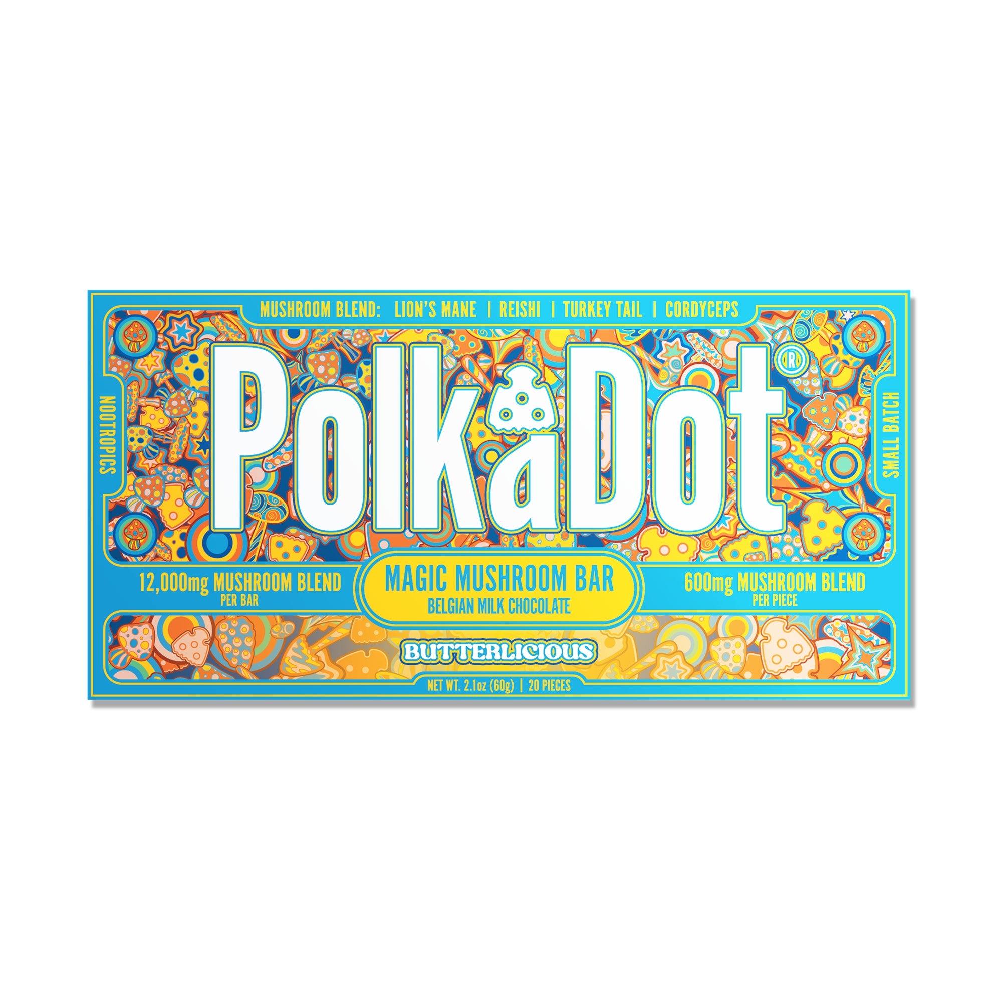 PolkaDot Butterlicious mushroom chocolate bar with Belgian milk chocolate, 12g mushroom blend, and buttery dessert-inspired packaging on a white background
