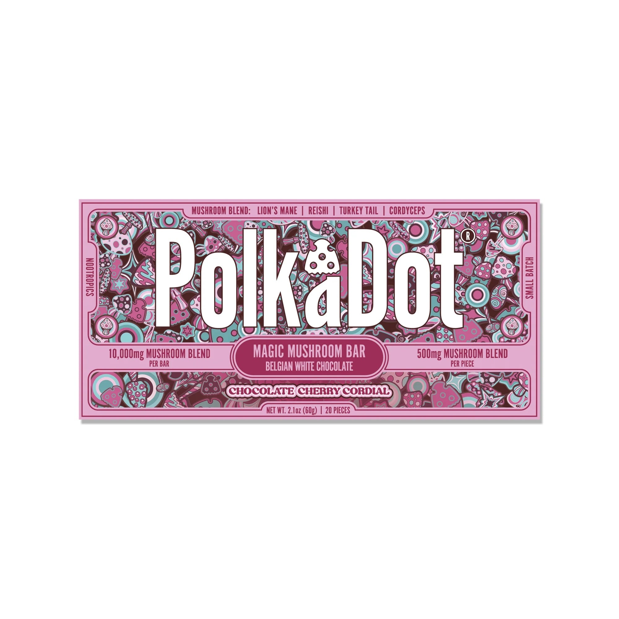 PolkaDot Chocolate Cherry Cordial mushroom chocolate bar with Belgian white chocolate, 10g mushroom blend, and chocolate cherry-inspired packaging on a white background
