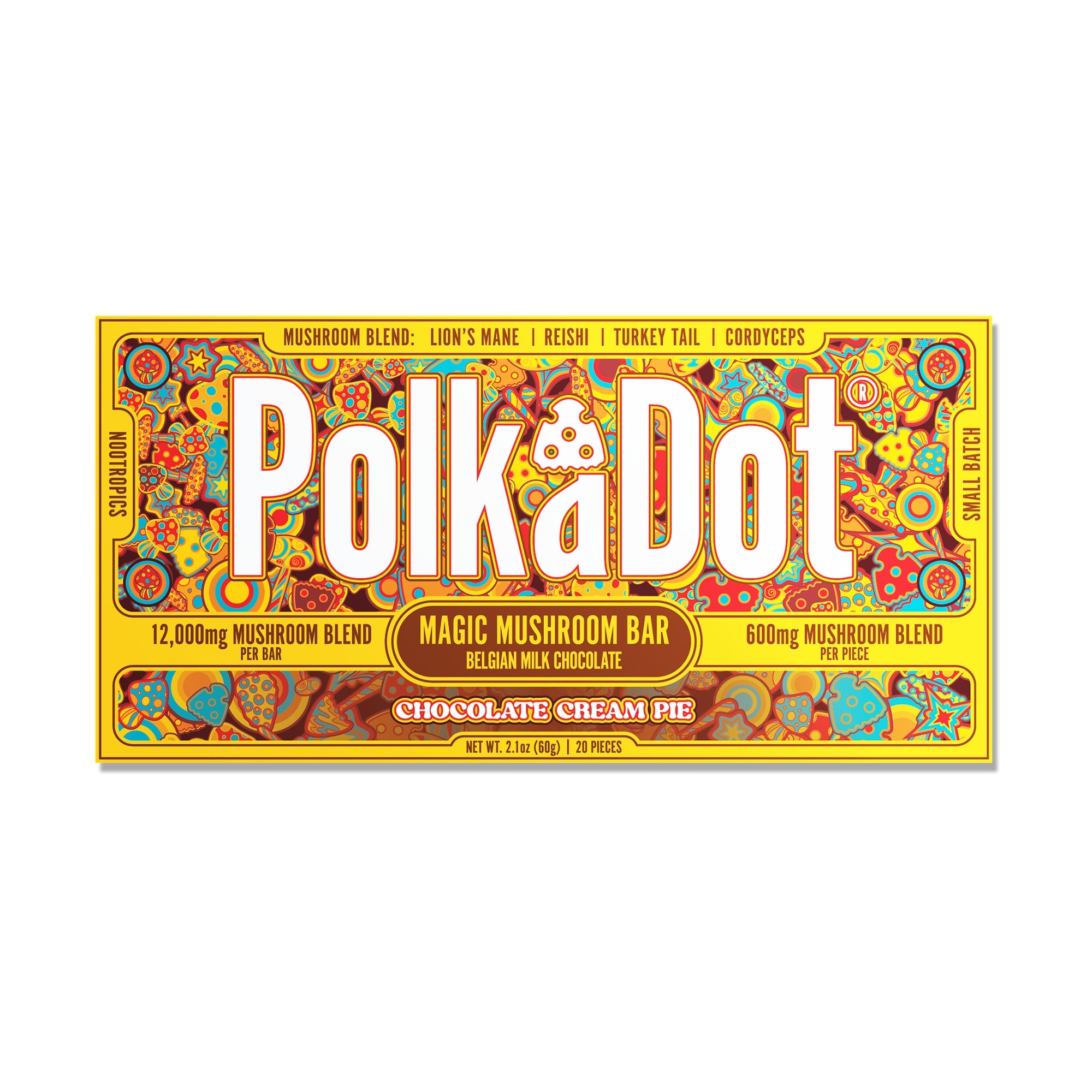 PolkaDot Chocolate Cream Pie mushroom chocolate bar with Belgian milk chocolate, 12g mushroom blend, and dessert-inspired packaging on a white background