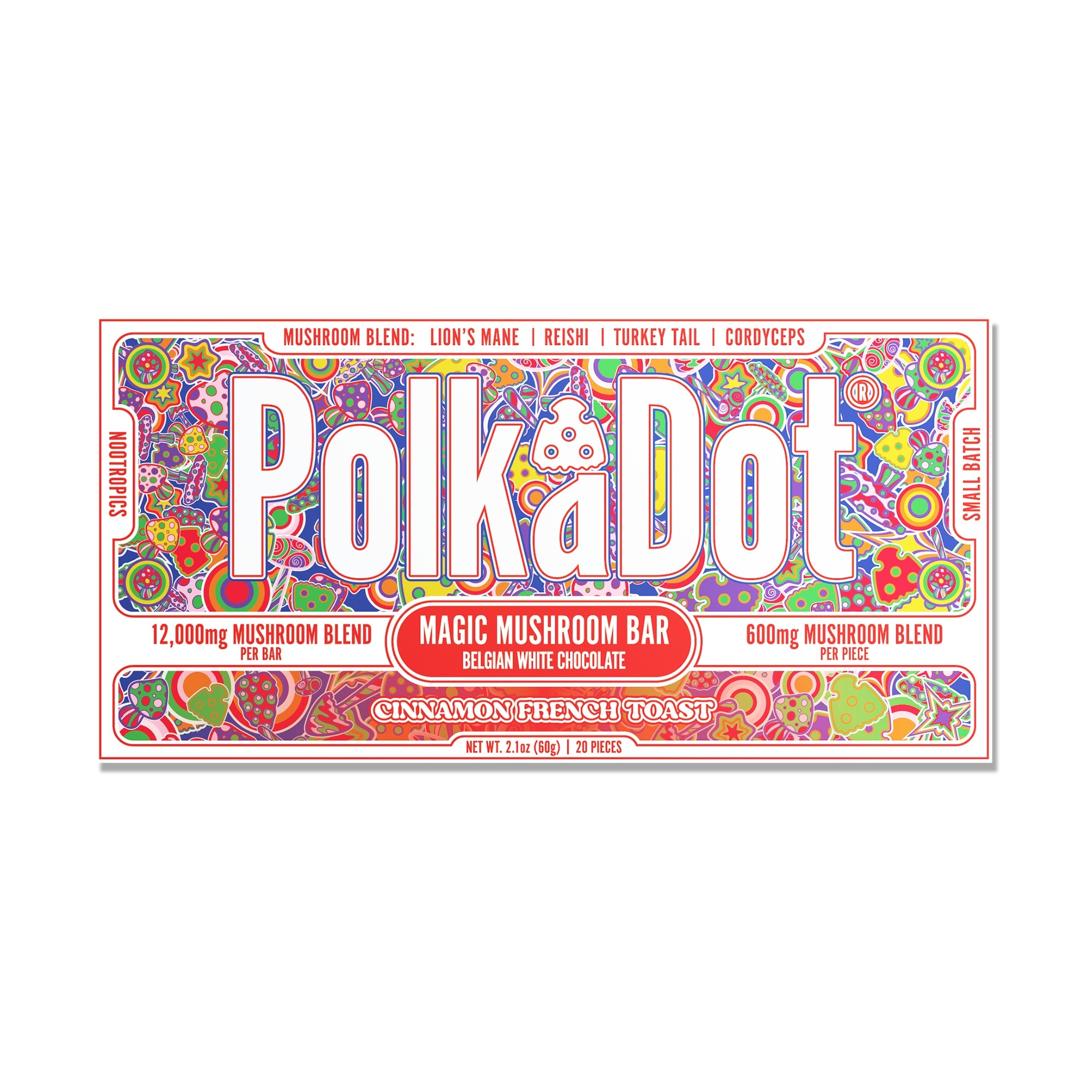 PolkaDot Cinnamon French Toast mushroom chocolate bar with Belgian white chocolate, 12g mushroom blend, and cinnamon-inspired breakfast dessert packaging on a white background