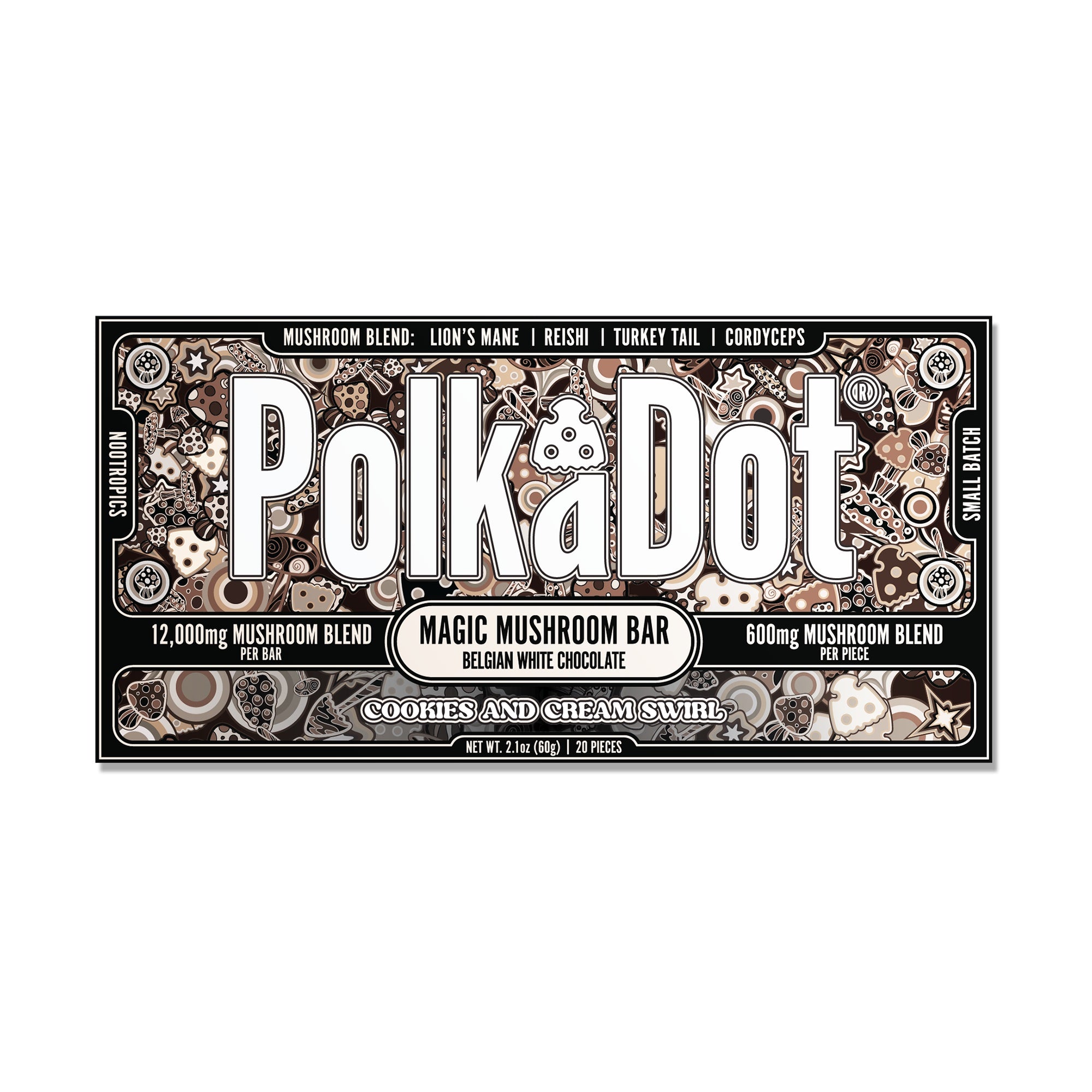 PolkaDot Cookies and Cream Swirl mushroom chocolate bar with Belgian white chocolate, 12g mushroom blend, and cookies and cream inspired packaging on a white background