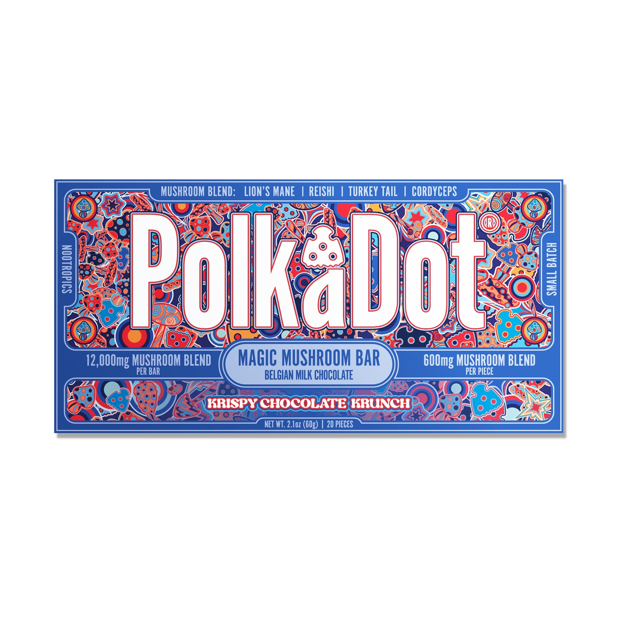 PolkaDot Krispy Chocolate Krunch mushroom chocolate bar with Belgian milk chocolate, 12g mushroom blend, and crispy chocolate-inspired packaging on a white background