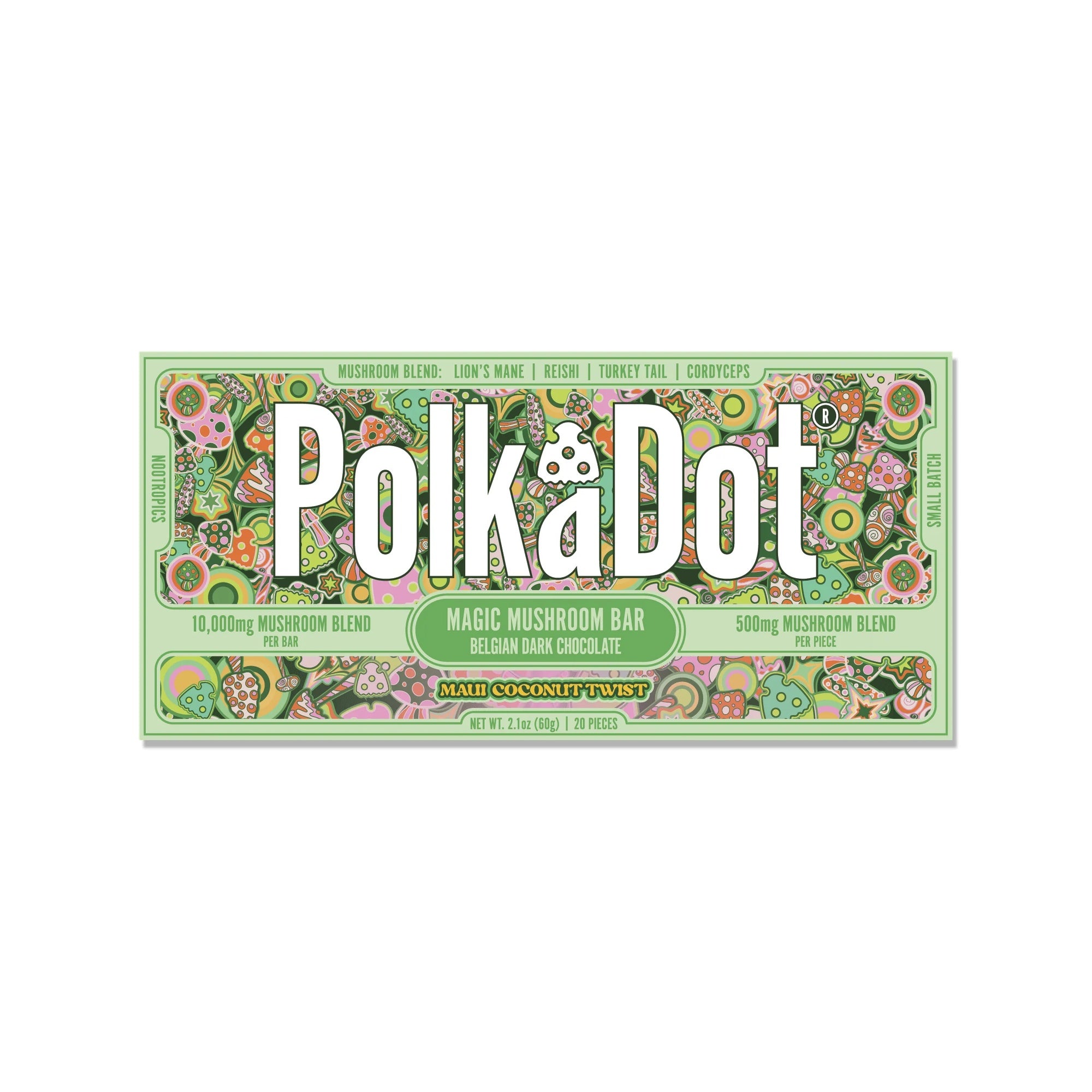 PolkaDot Maui Coconut Twist mushroom chocolate bar with Belgian dark chocolate, 12g mushroom blend, and tropical coconut-inspired packaging on a white background