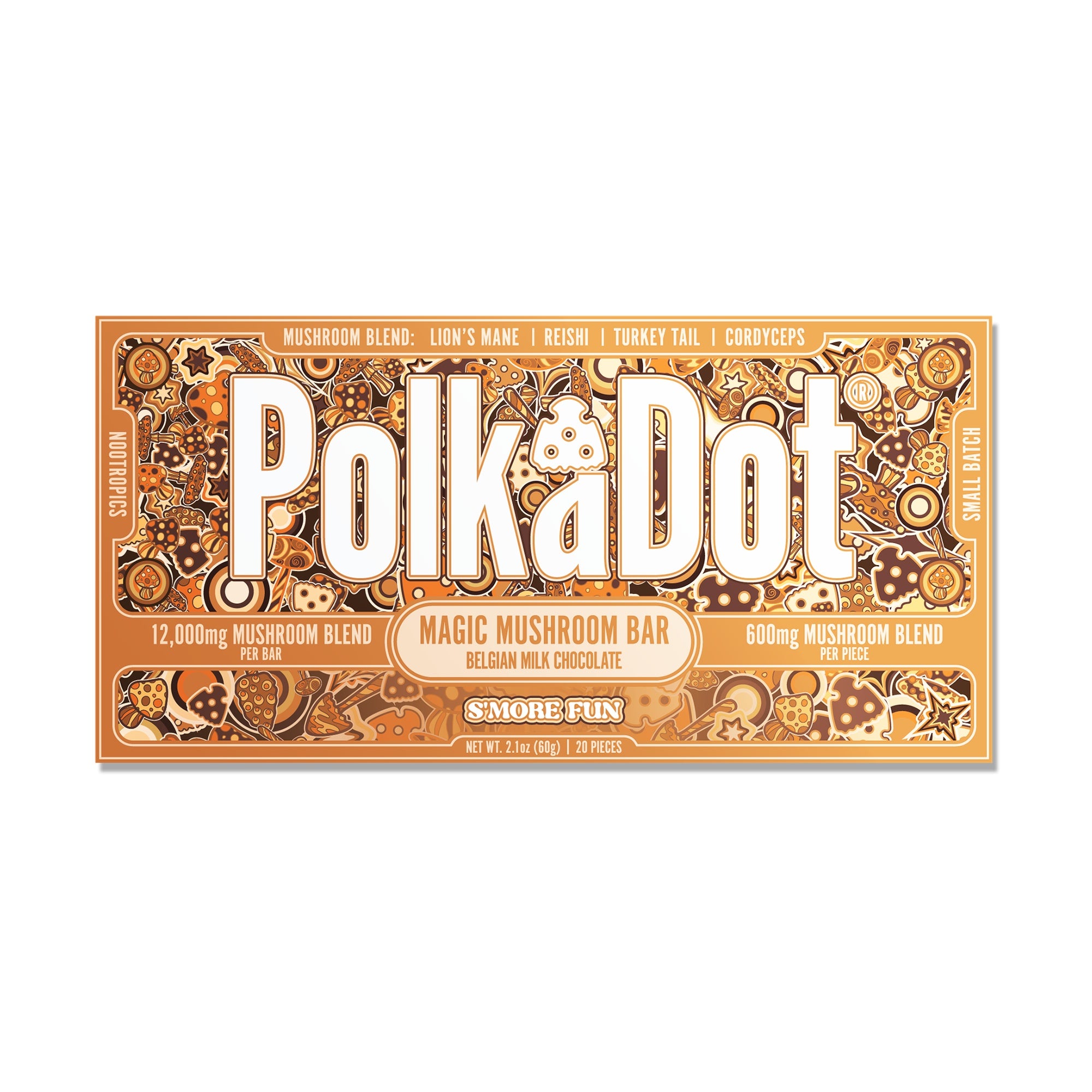 PolkaDot S'more Fun mushroom chocolate bar with Belgian milk chocolate, 12g mushroom blend, and s'mores-inspired packaging on a white background