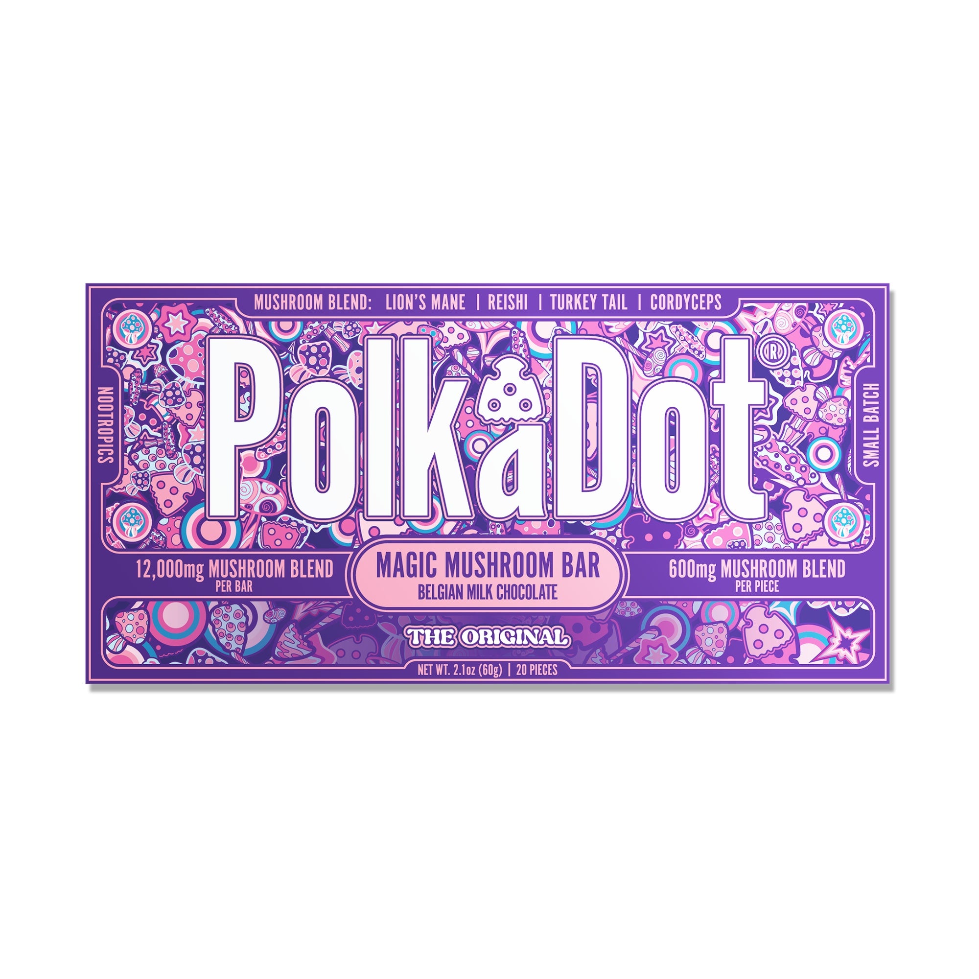 PolkaDot The Original mushroom chocolate bar with Belgian milk chocolate, 12g mushroom blend, and signature purple packaging on a white background