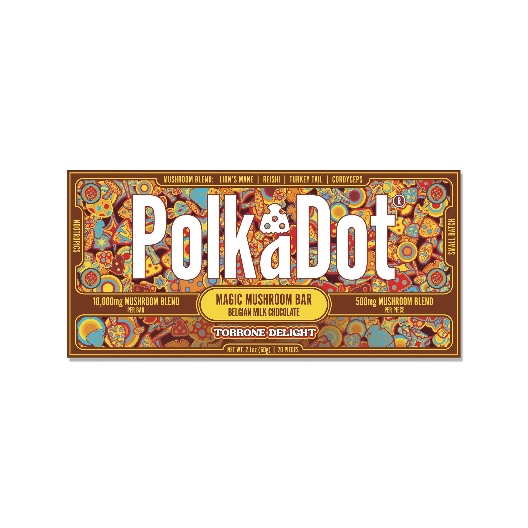 PolkaDot Torrone Delight mushroom chocolate bar with Belgian milk chocolate, 10g mushroom blend, and nougat-inspired packaging on a white background