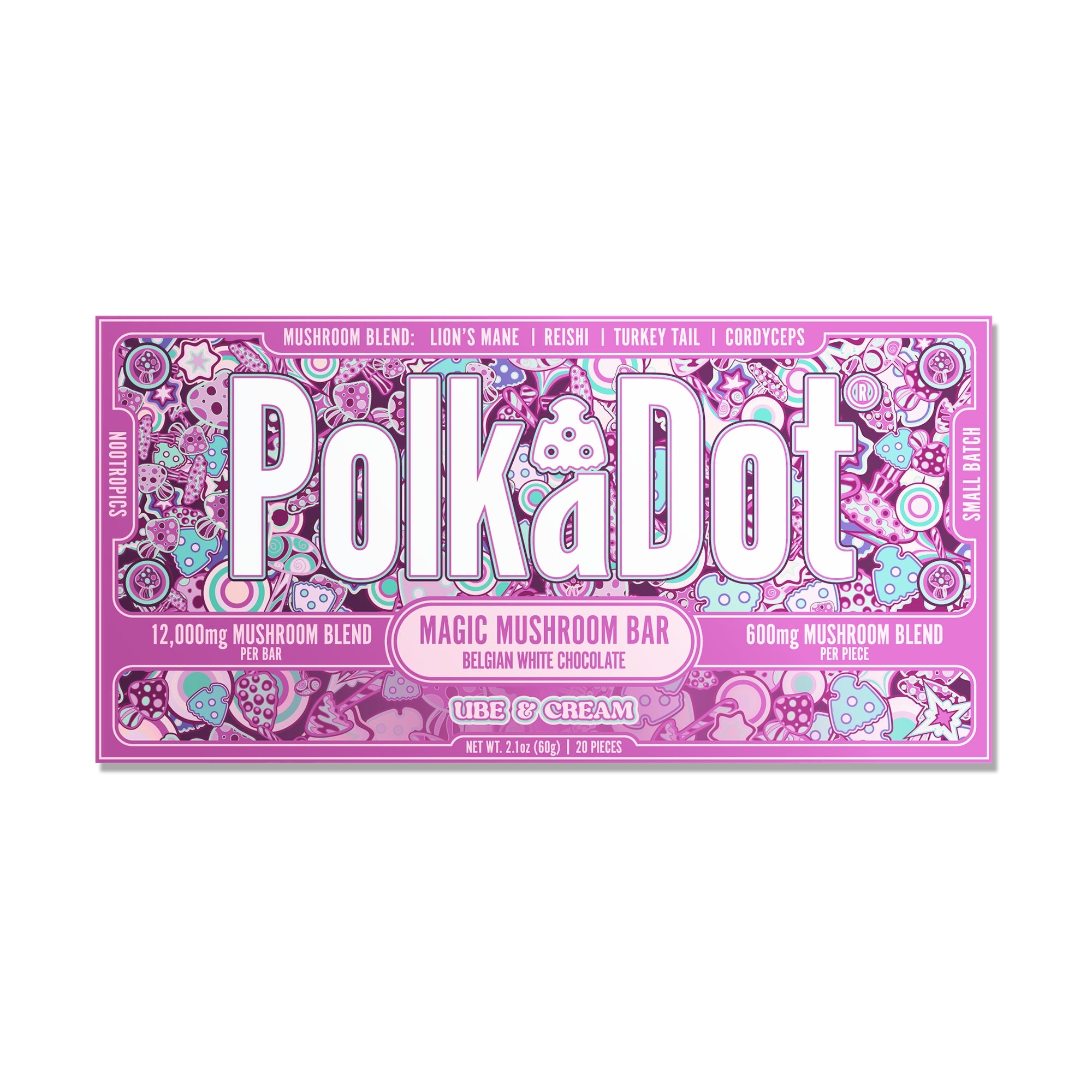 PolkaDot Ube Cream mushroom chocolate bar with Belgian white chocolate, 12g mushroom blend, and purple ube-inspired packaging on a white background