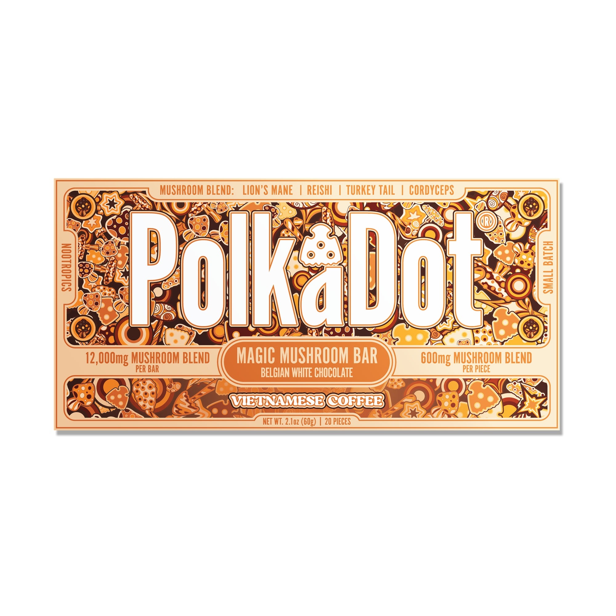 PolkaDot Vietnamese Coffee mushroom chocolate bar with Belgian white chocolate, 12g mushroom blend, and coffee-inspired packaging on a white background