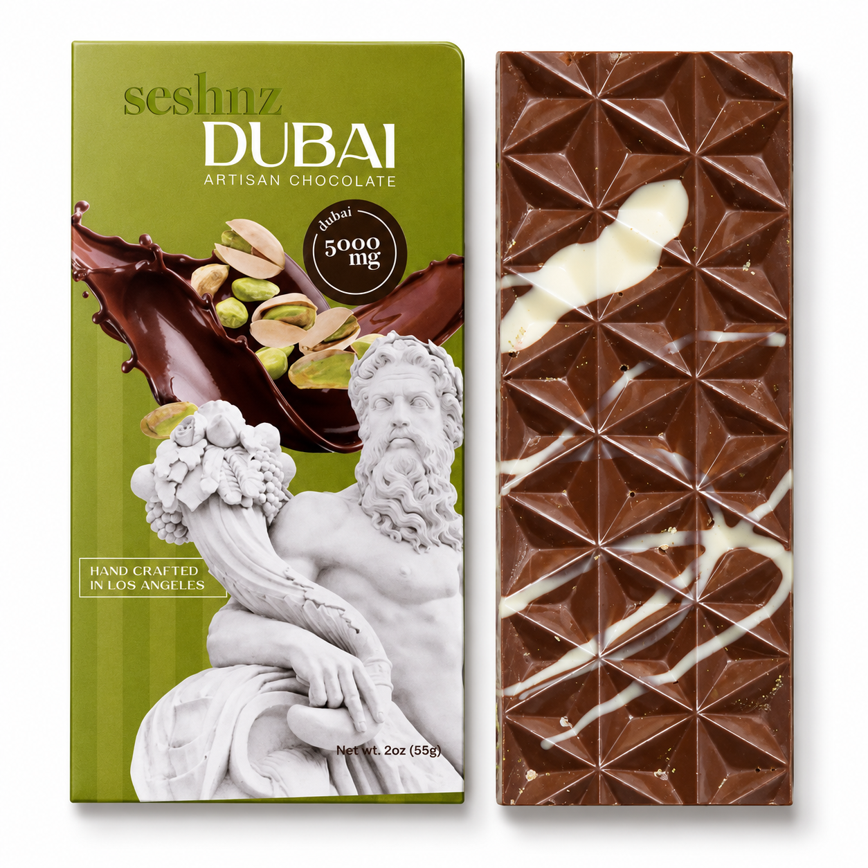 Seshnz Dubai mushroom chocolate bar featuring artisan chocolate, pistachio-inspired flavor, 5000mg mushroom blend, and premium chocolate bar presentation on a white background.