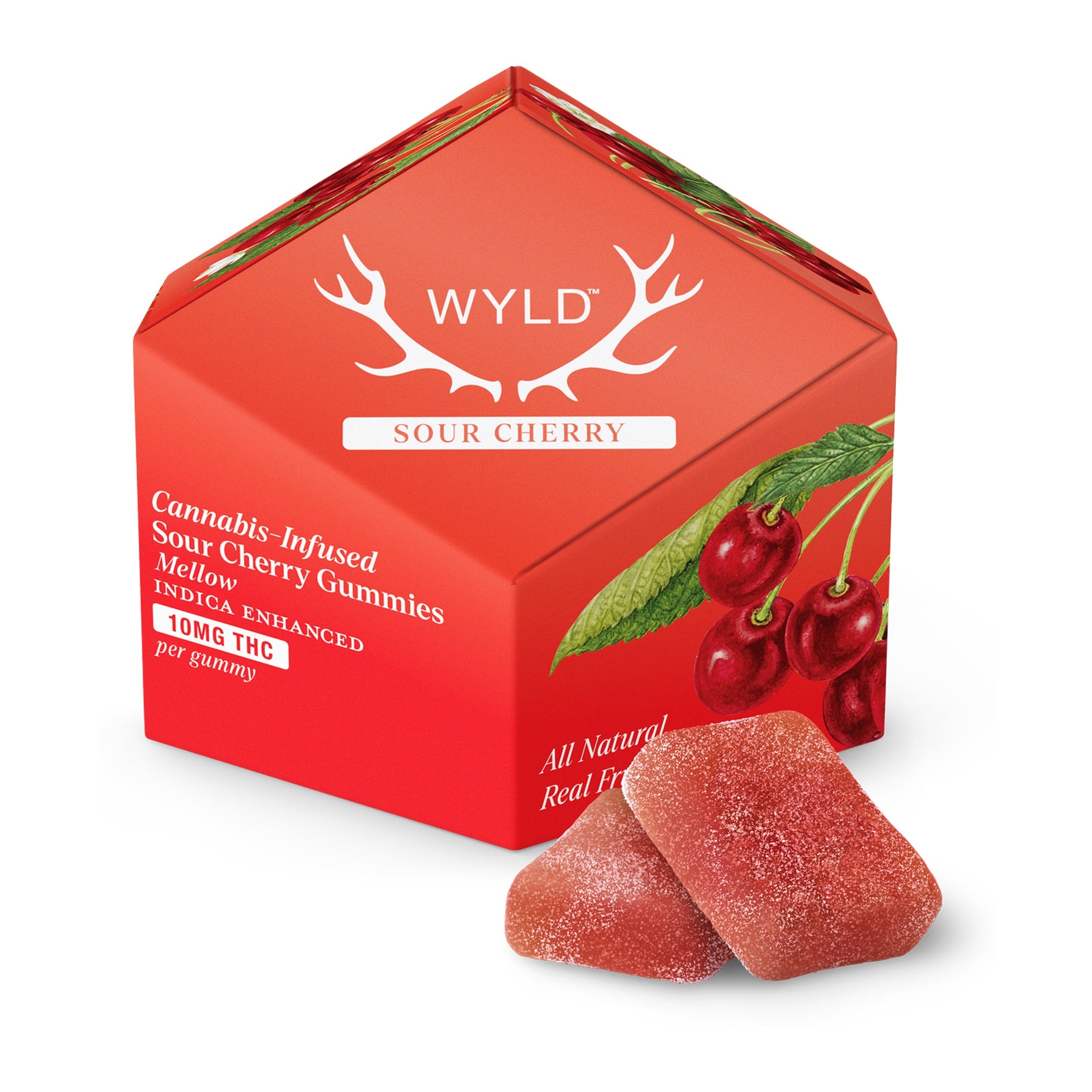 Wyld Hemp Delta 9 THC Gummies Sour Cherry 10-count box with gummies on a white background.