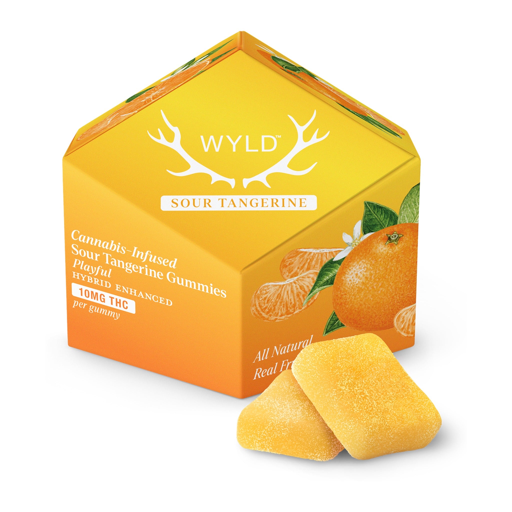 Wyld Hemp Delta 9 THC Gummies Sour Tangerine 10-count box with gummies on a white background.
